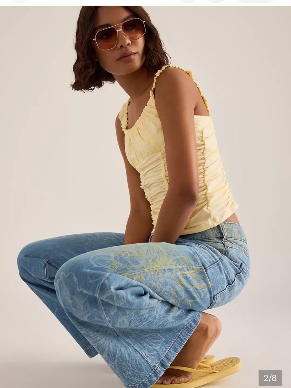Pilcro Wide-Leg Jeans in Light Blue with Yellow Floral Accents - Picture 3 of 6